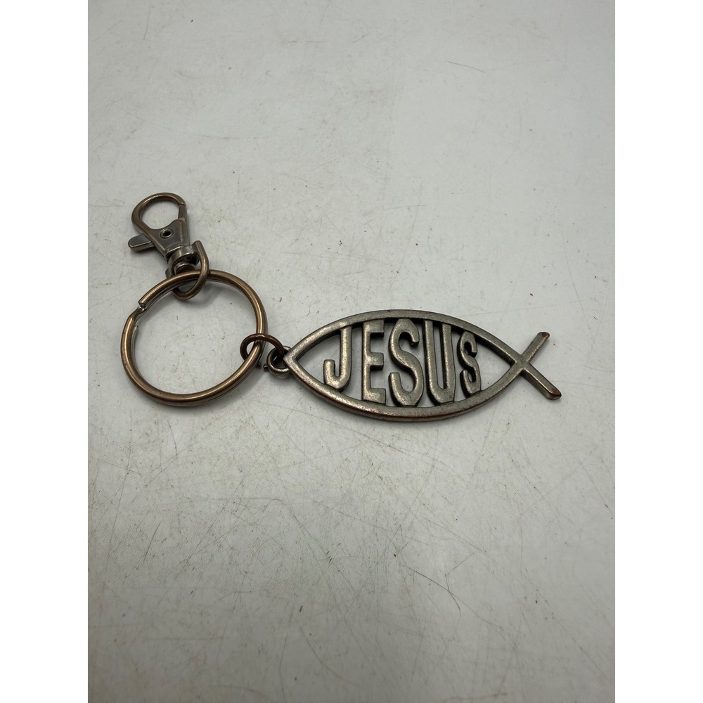 Jesus Ichthys Fish Keychain Christian Religious Metal Swivel Clasp Bronze Tone